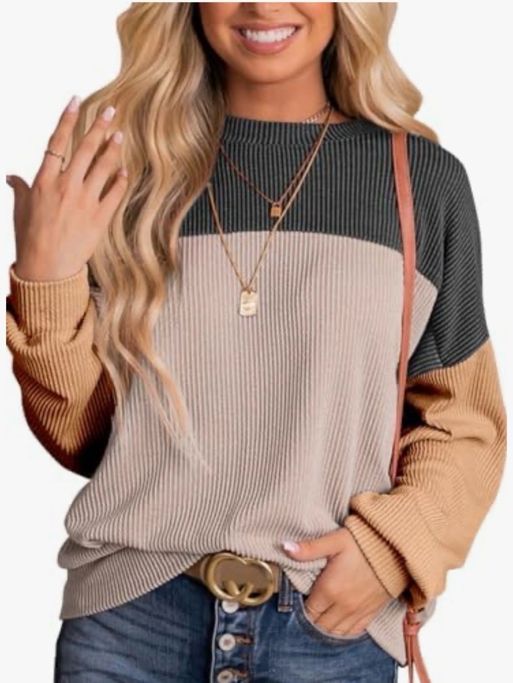 Color Block Crew-neck Long-sleeved Ribbed Color Contrast Loose Fit Tee Shirt - Picture 7 of 9